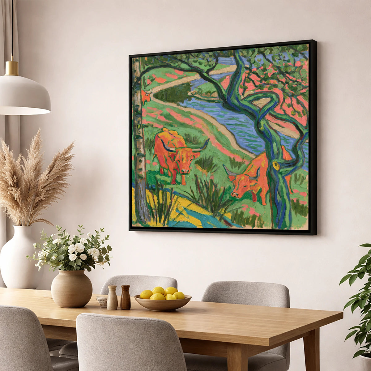 Vibrant Highland Cattle by the Beck lake district wildlife wall art displayed in a dining room
