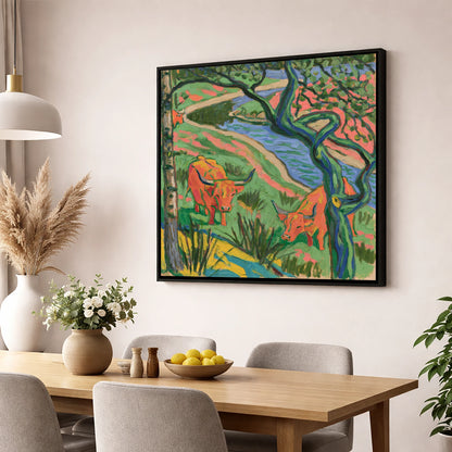 Vibrant Highland Cattle by the Beck lake district wildlife wall art displayed in a dining room
