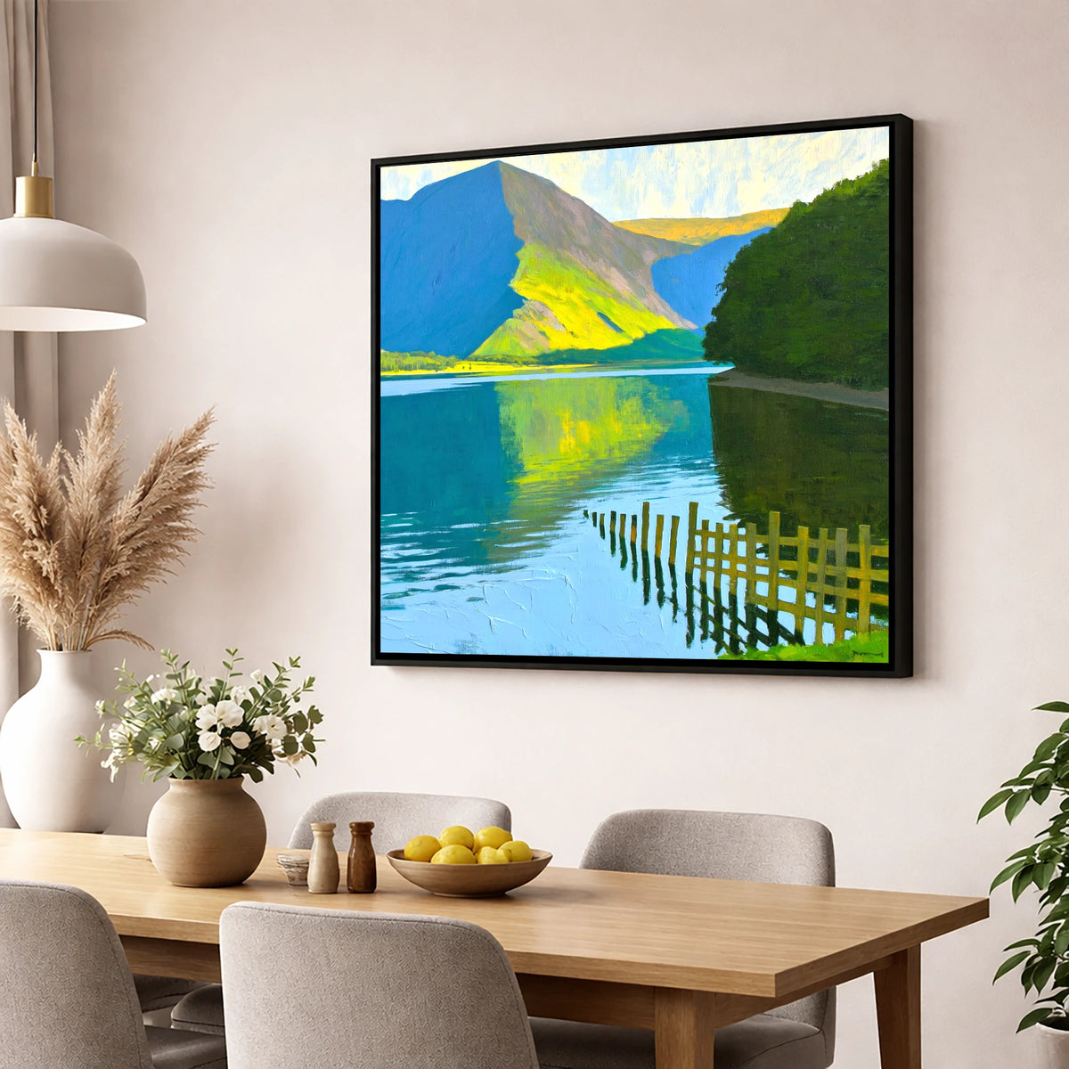 Buttermere Fence and Sunlit Fells lake district lake wall art displayed in a dining room