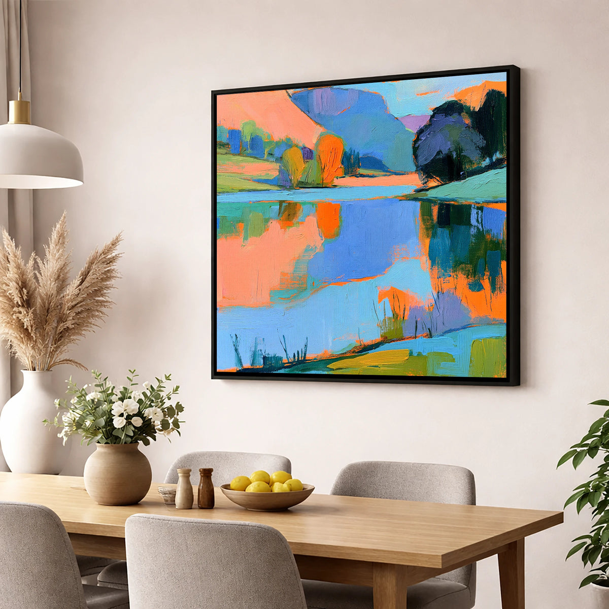 Vibrant Reflections on a Calm Lake lake district lake wall art displayed in a dining room