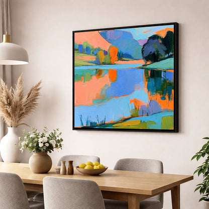Vibrant Reflections on a Calm Lake lake district lake wall art displayed in a dining room