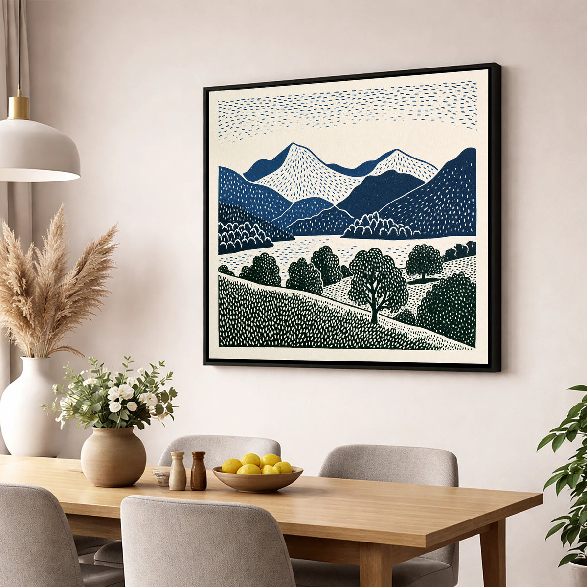 Grasmere Fells in Graphic Navy lake district lake wall art displayed in a dining room