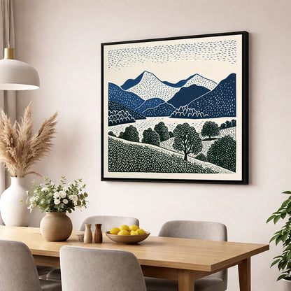 Grasmere Fells in Graphic Navy lake district lake wall art displayed in a dining room