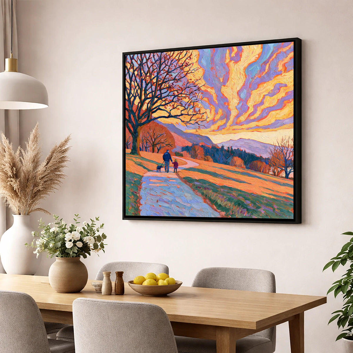 Fiery Sky Dog Walk Keswick gifts for dog walkers wall art displayed in a dining room