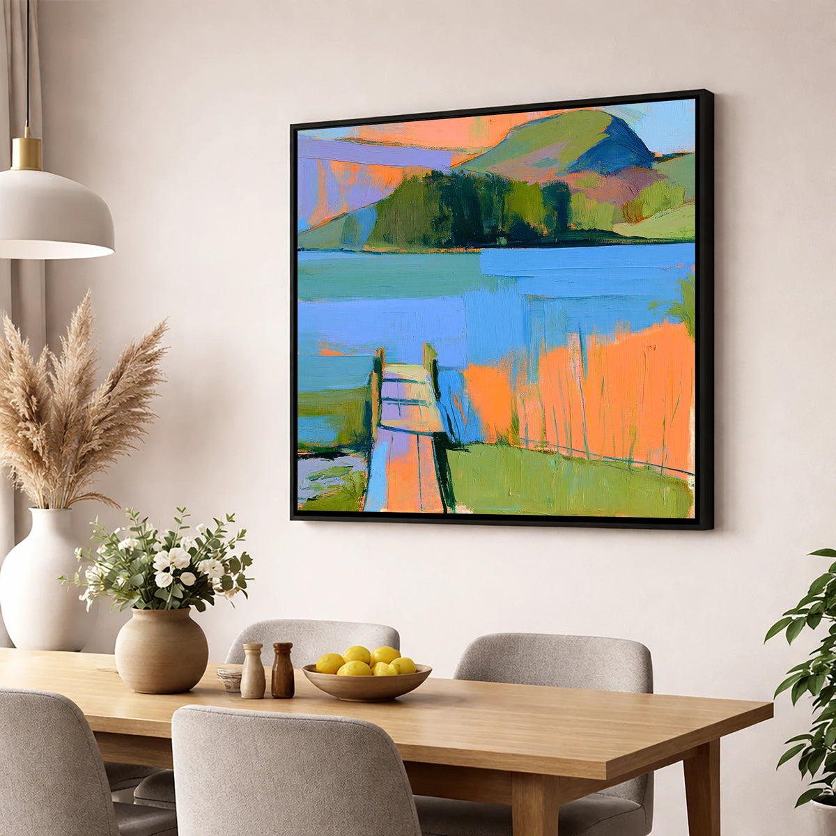 Vibrant Grasmere Wooden Jetty lake district lake wall art displayed in a dining room