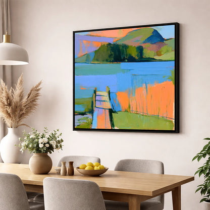 Vibrant Grasmere Wooden Jetty lake district lake wall art displayed in a dining room