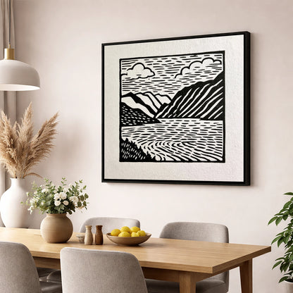 Graphic Monochrome Lake and Fells lake district lake wall art displayed in a dining room