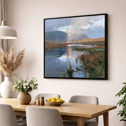 Rainbow Reflection Over Valley Waters lake district sky wall art displayed in a dining room