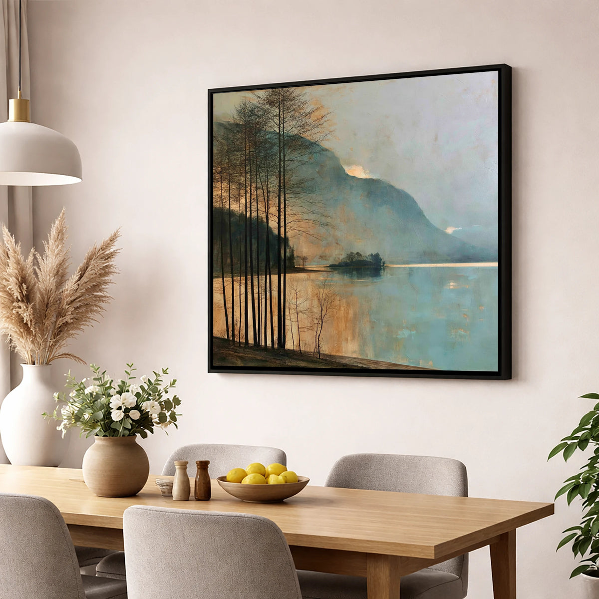 Grasmere Island in Golden Light lake district lake wall art displayed in a dining room