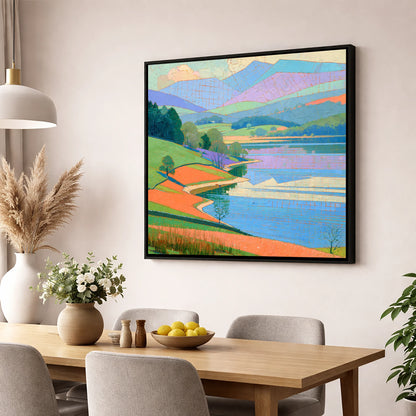 Turquoise Lake And Orange Shores lake district lake wall art displayed in a dining room