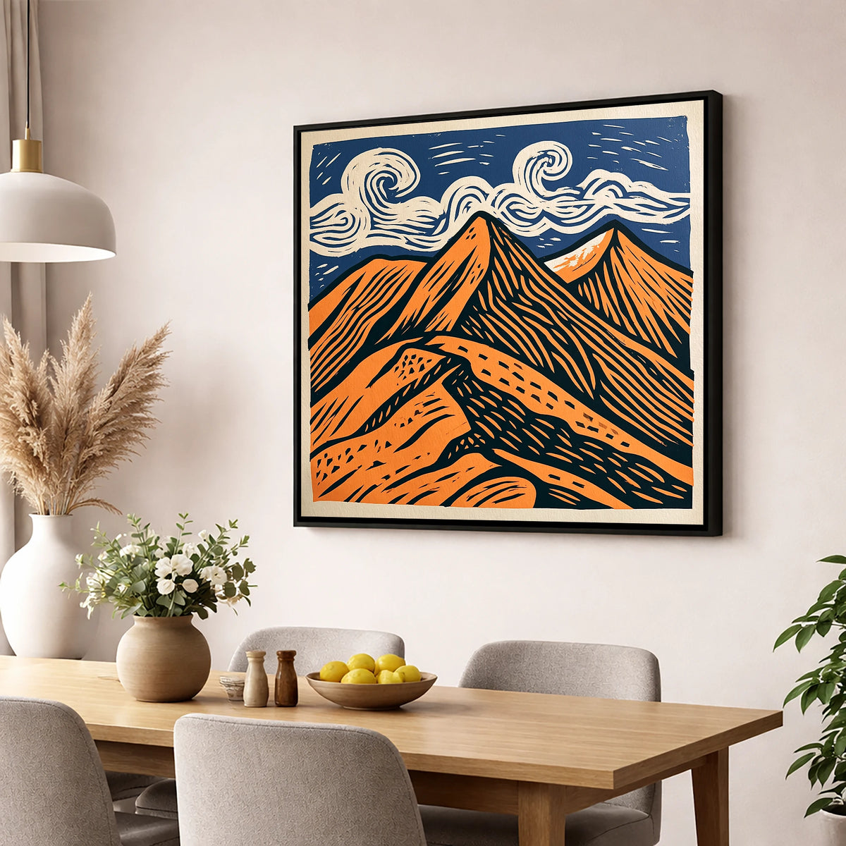 Striking Helvellyn Peaks in Terracotta lake district fell wall art displayed in a dining room