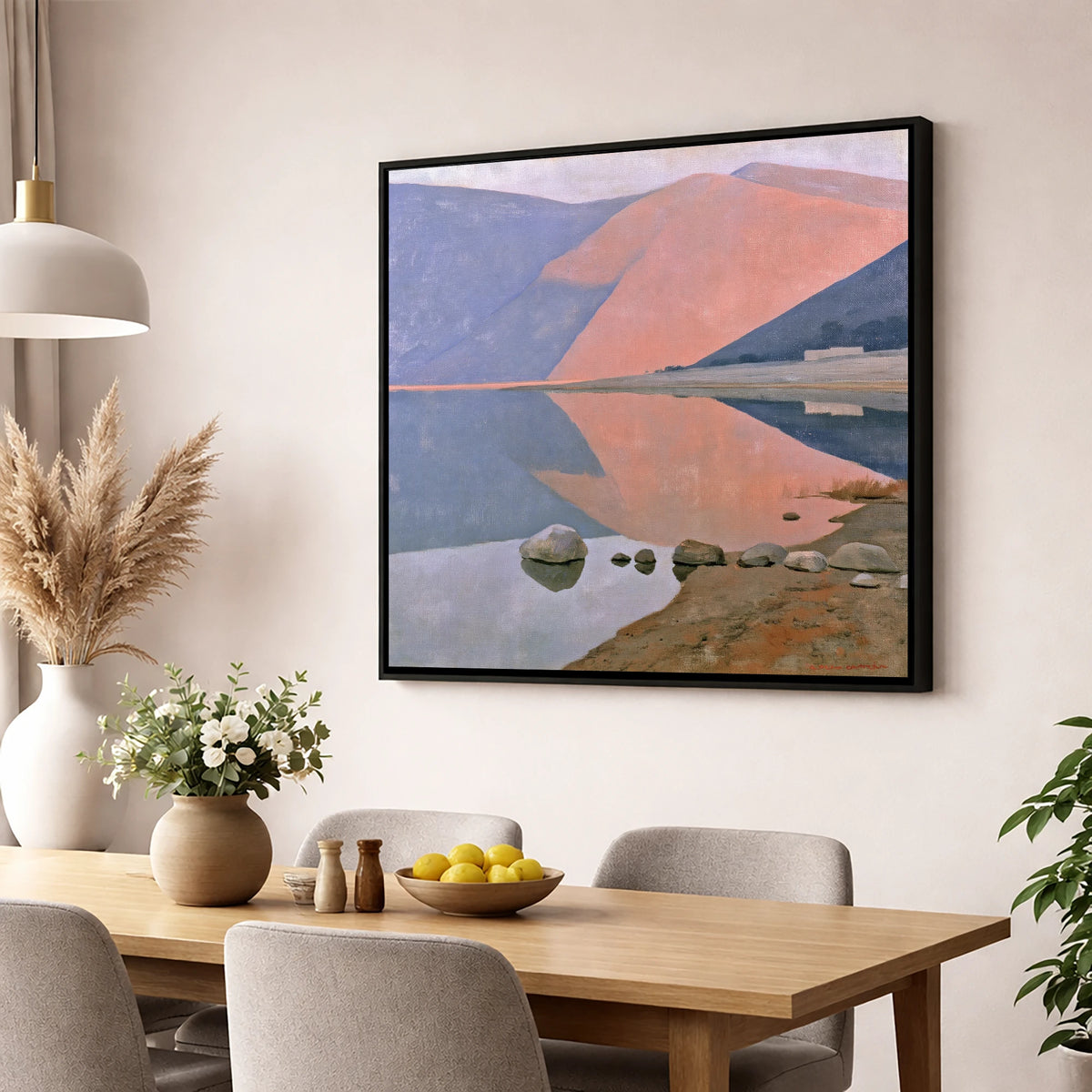 Still Lake beneath Dusk Pink Fells lake district lake wall art displayed in a dining room