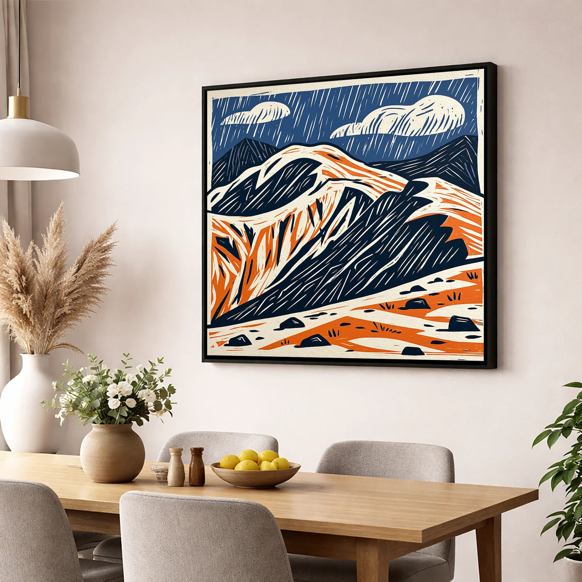 Helvellyn Ridge in Blue and Terracotta lake district fell wall art displayed in a dining room