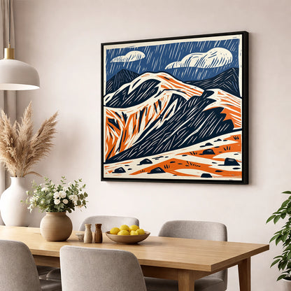 Helvellyn Ridge in Blue and Terracotta lake district fell wall art displayed in a dining room