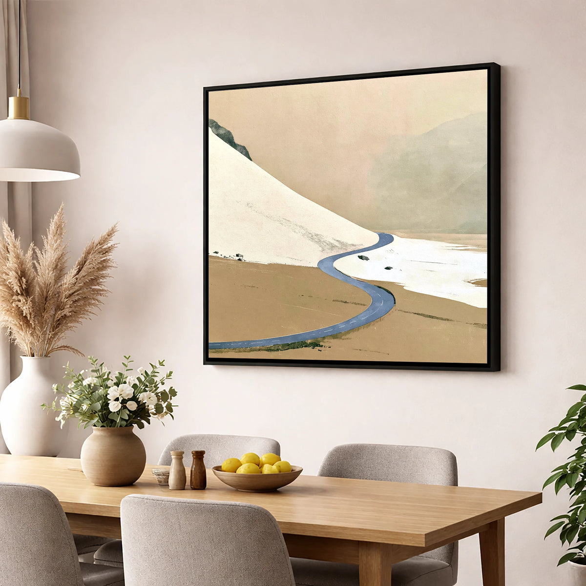 Winter Road through High Fells lake district valley wall art displayed in a dining room