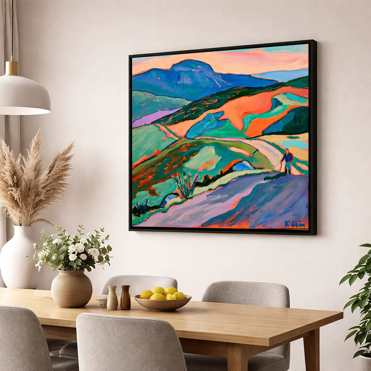 Lone Hiker on Colourful Fells lake district walking wall art displayed in a dining room