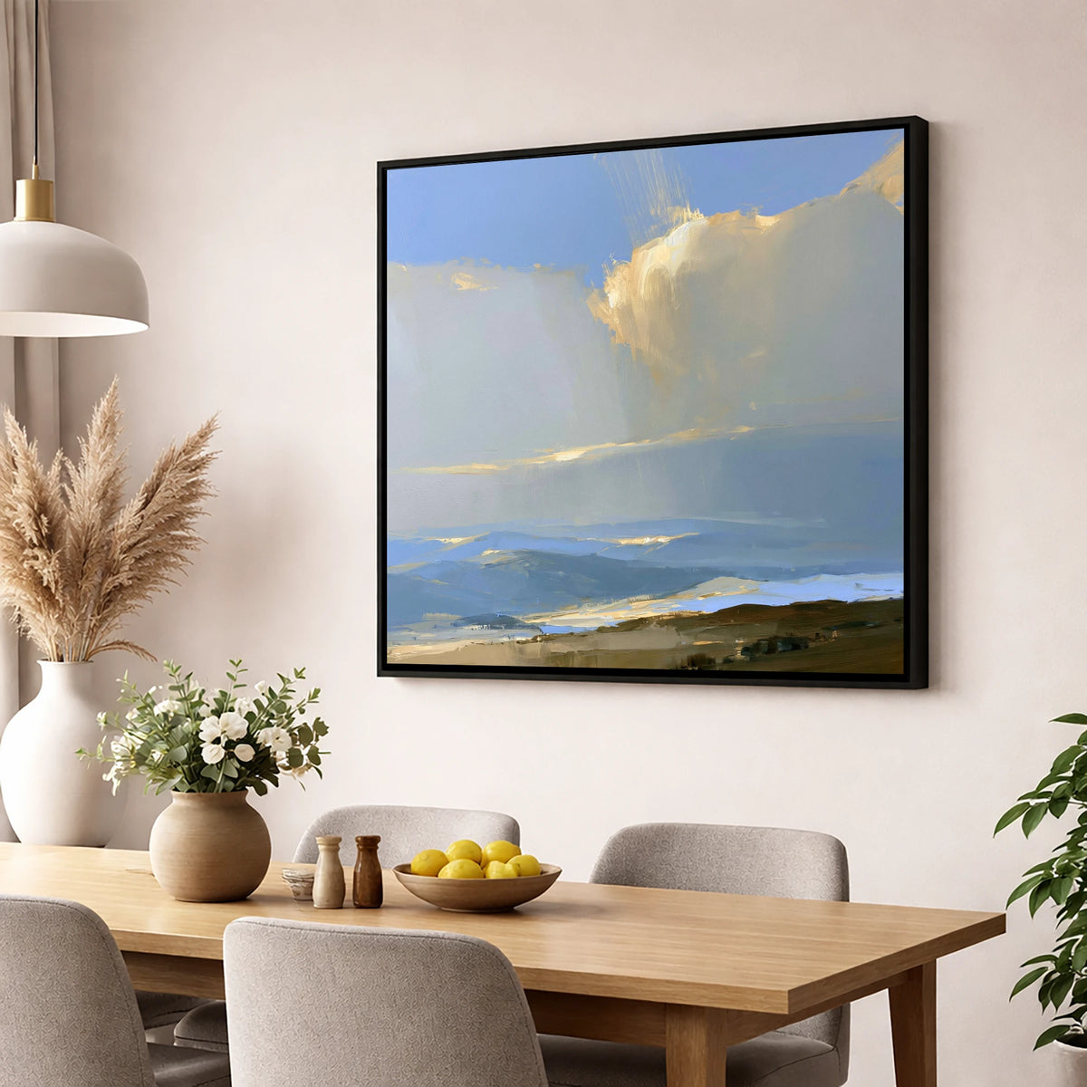 Sunlit Cloud Over Rolling Fells lake district fell wall art displayed in a dining room