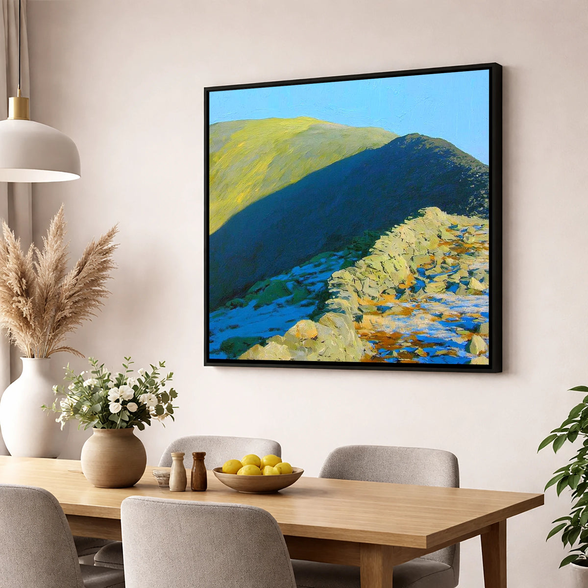 Sunlight and Shadow on Hart Crag lake district fell wall art displayed in a dining room