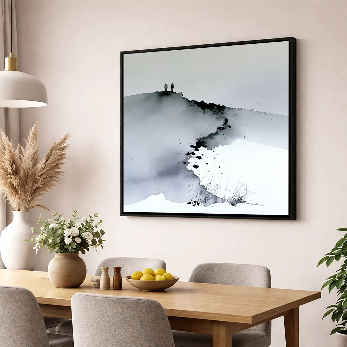 Monochrome Fell Top Hikers lake district fell wall art displayed in a dining room