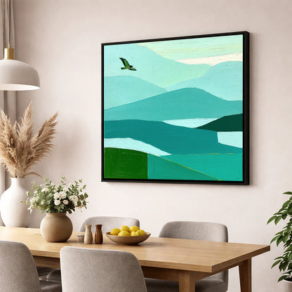 Buzzard Over Teal Fells lake district wildlife wall art displayed in a dining room