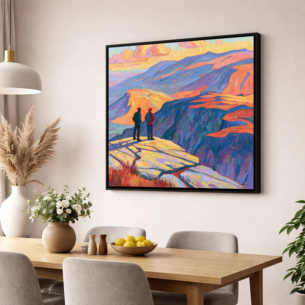 Hikers at Sunset on the Fells lake district fell wall art displayed in a dining room