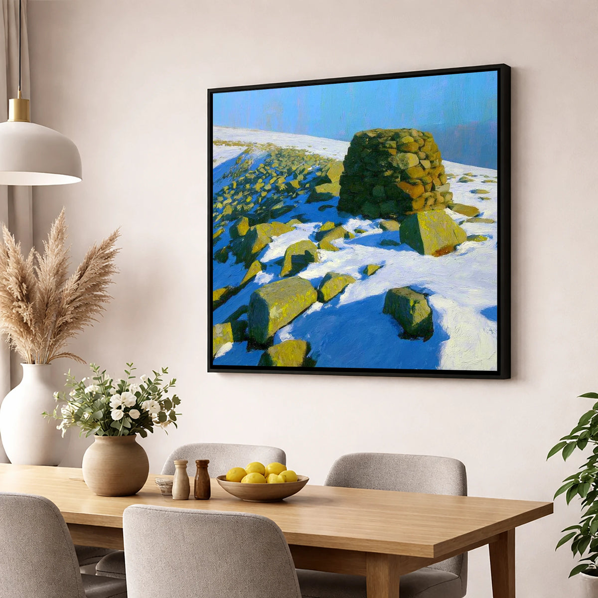Stony Cove Pike Winter Cairn lake district fell wall art displayed in a dining room