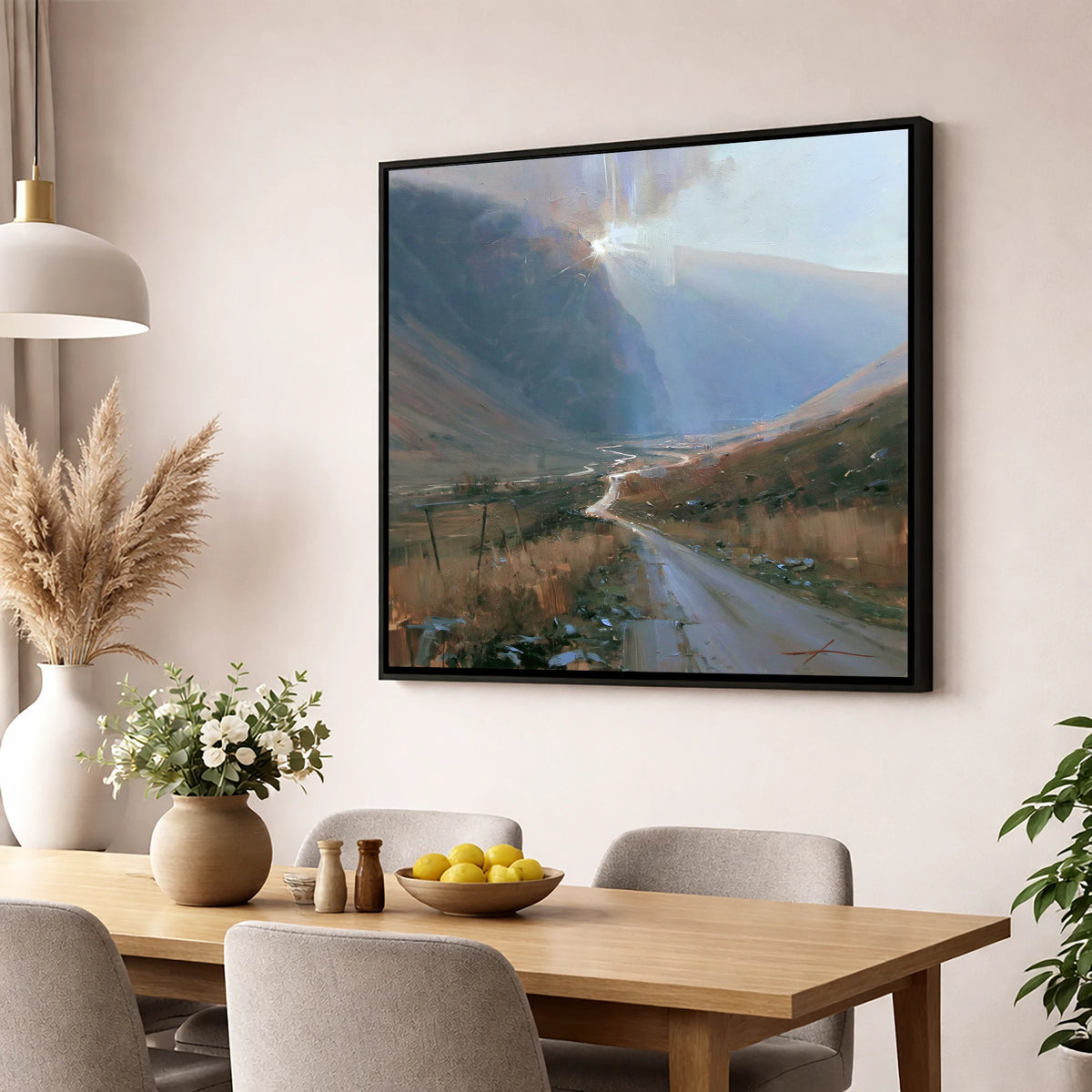 Mountain Pass in Breaking Light lake district valley wall art displayed in a dining room