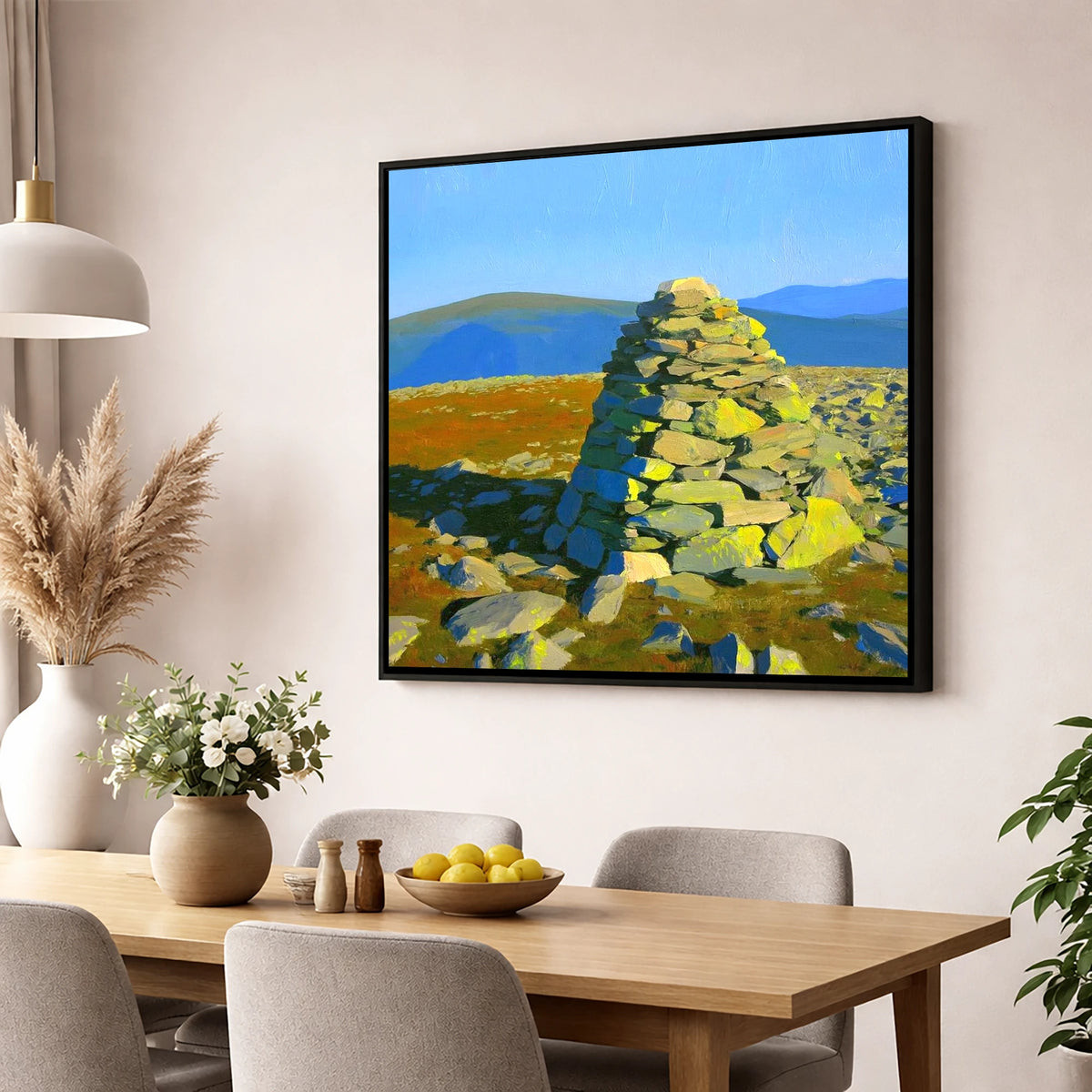 Sunlit Cairn on Brim Fell lake district fell wall art displayed in a dining room