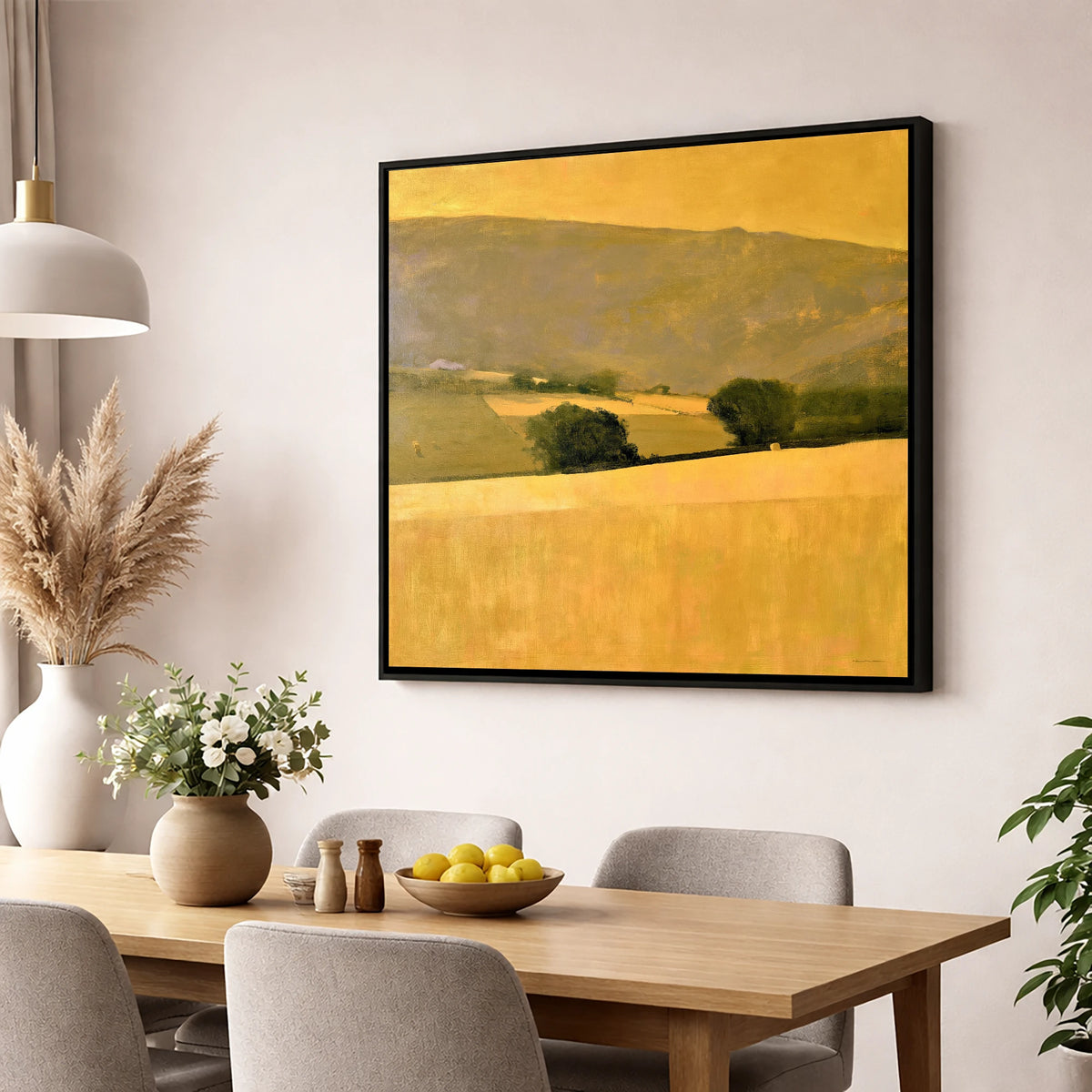 Golden Fields in a Dale lake district valley wall art displayed in a dining room