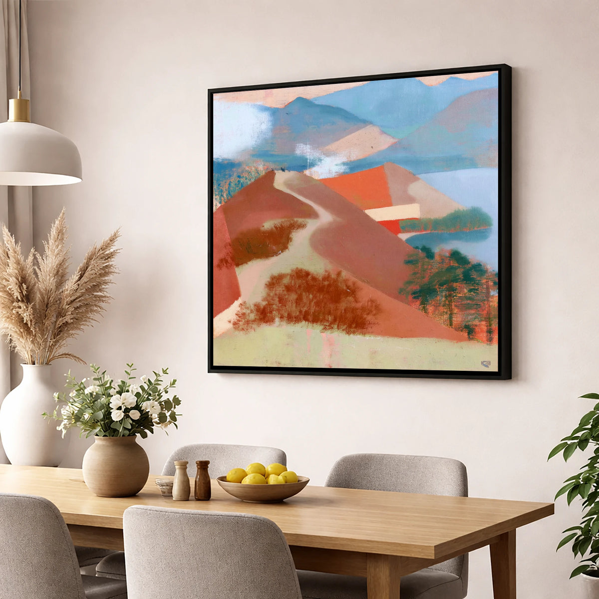 Terracotta Cat Bells Above Derwentwater lake district fell wall art displayed in a dining room