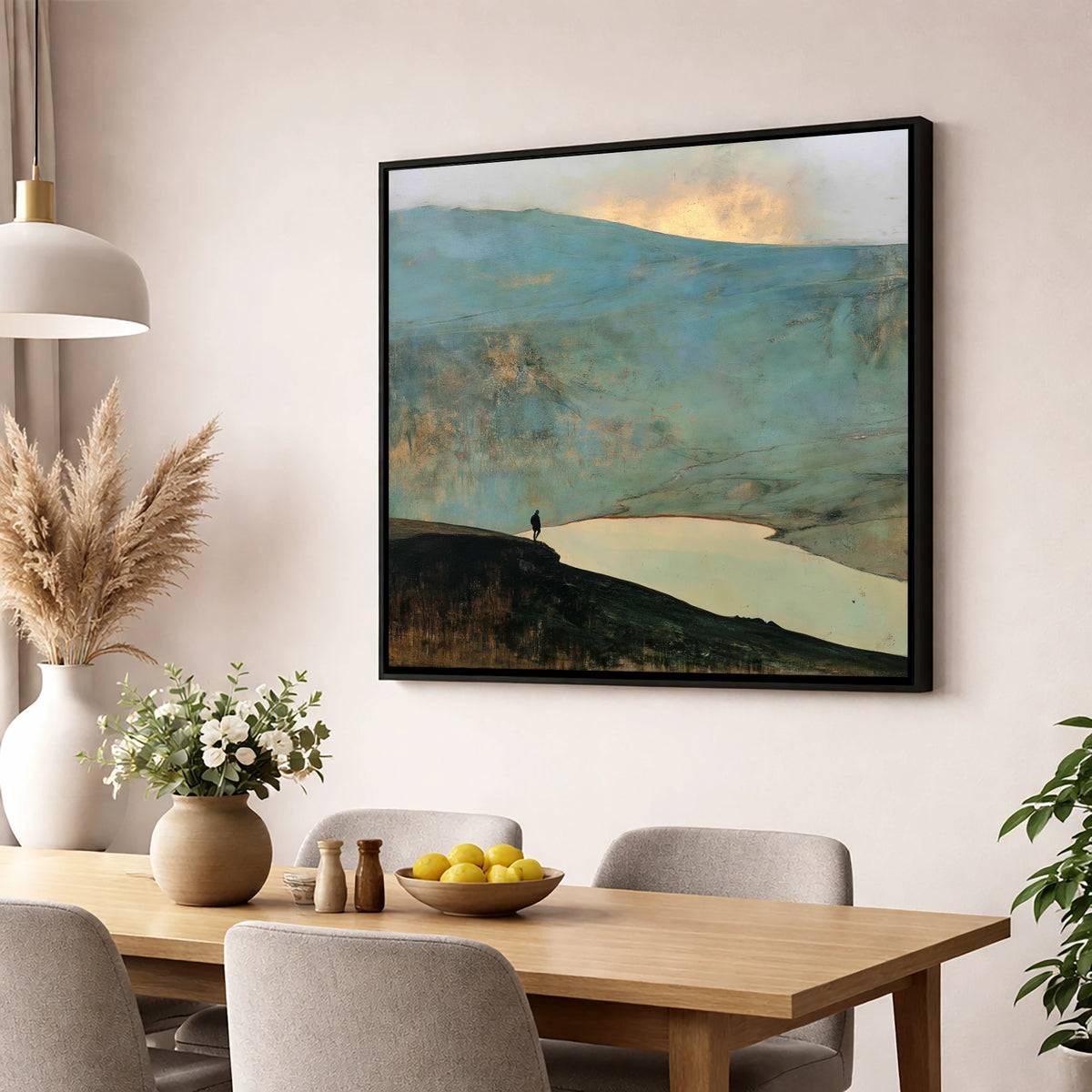 Helvellyn Walker and Golden Sky lake district fell wall art displayed in a dining room