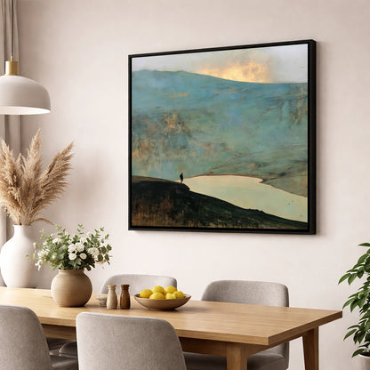 Helvellyn Walker and Golden Sky lake district fell wall art displayed in a dining room
