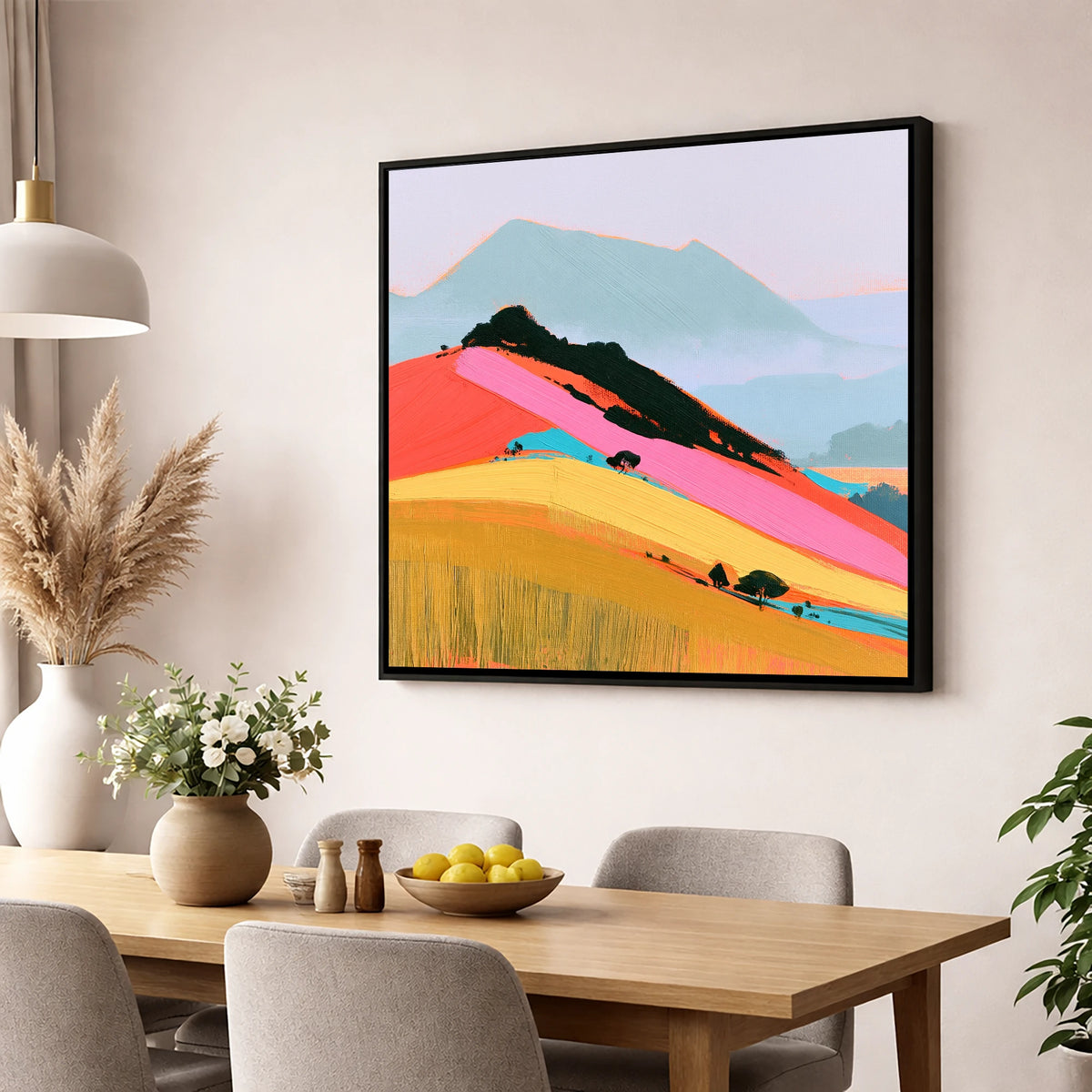 Vibrant Pink Mountain Ridge lake district fell wall art displayed in a dining room