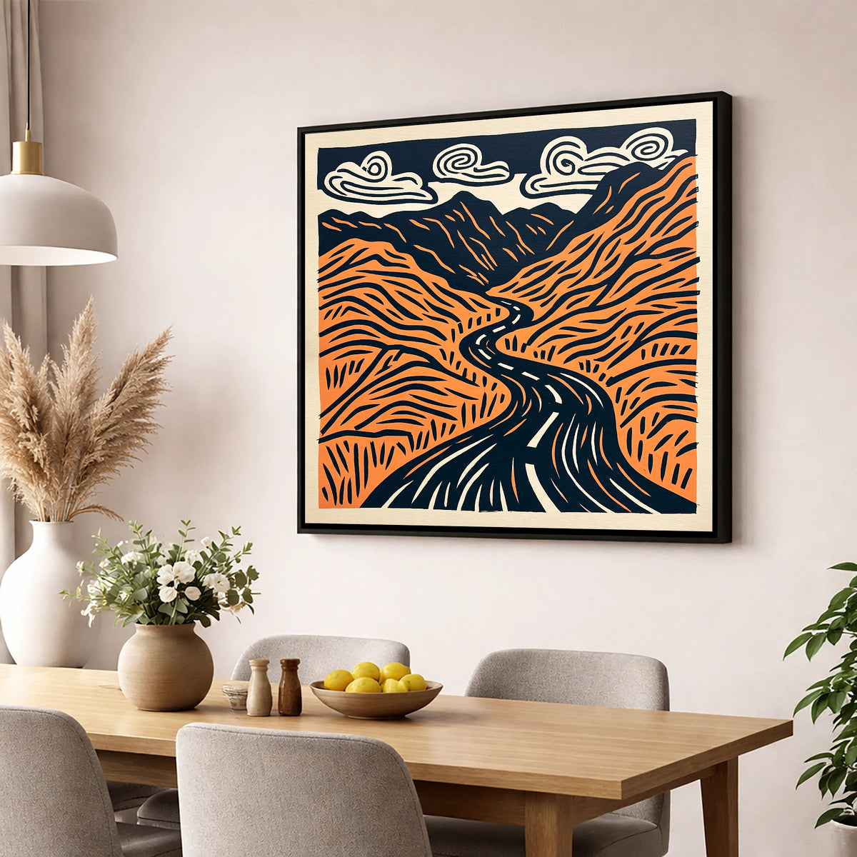 Bold Hardknott Pass Mountain Road lake district valley wall art displayed in a dining room
