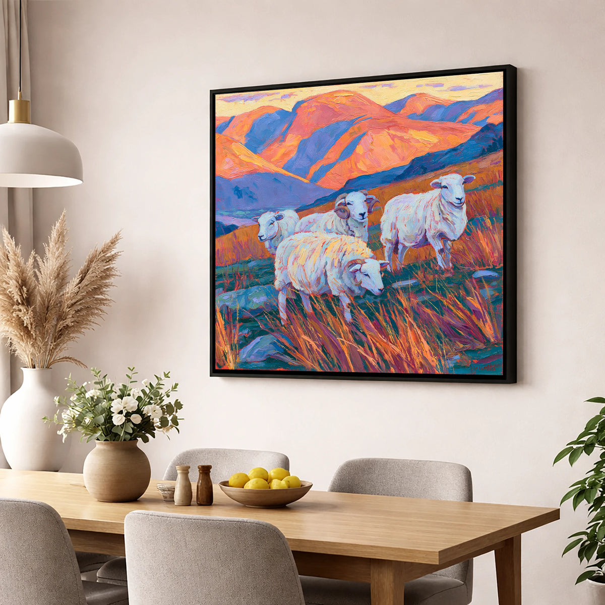 Herdwick Sheep in Sunset Fells lake district wildlife wall art displayed in a dining room