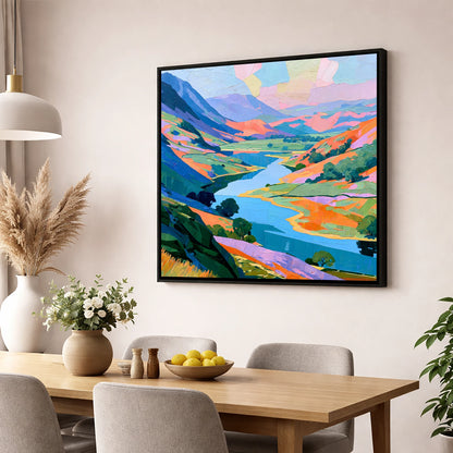 Vibrant Valley Lake and Fells lake district lake wall art displayed in a dining room