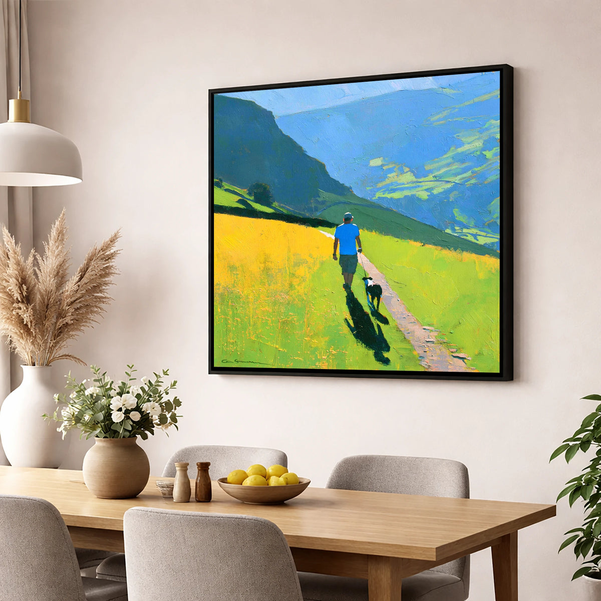 Sunlit Dog Walk Above Patterdale gifts for dog walkers wall art displayed in a dining room