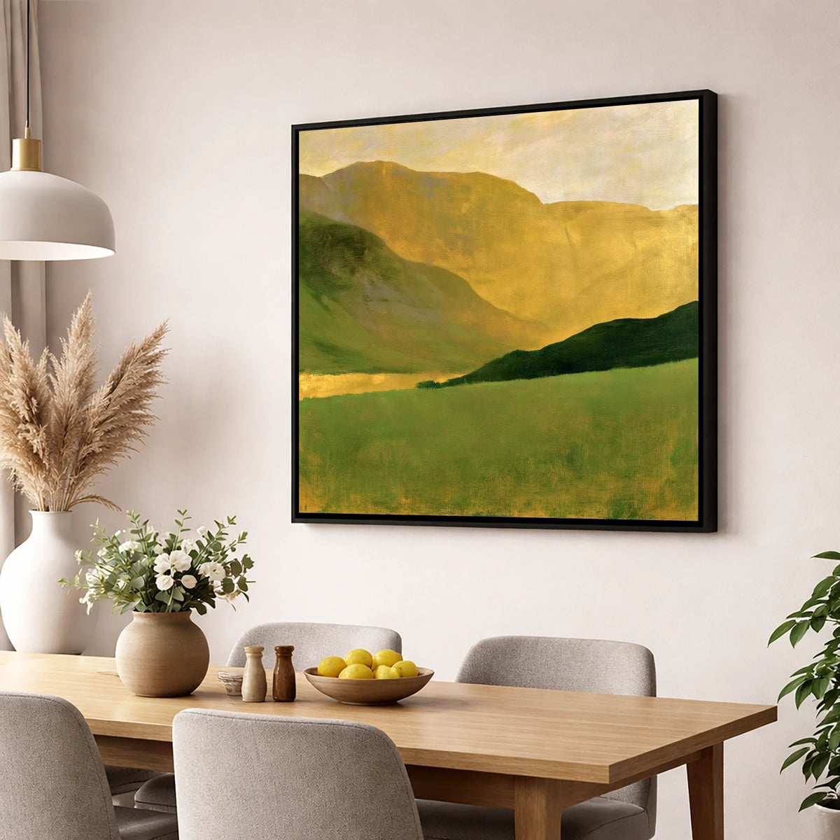 Golden Fells And Green Valley lake district valley wall art displayed in a dining room
