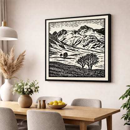 Monochrome Great Langdale Fells lake district valley wall art displayed in a dining room