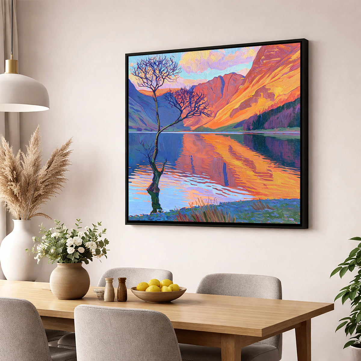 Vibrant Lone Tree at Buttermere lake district lake wall art displayed in a dining room