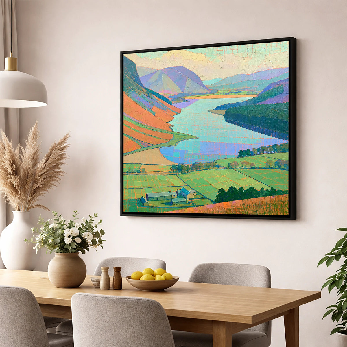 Vibrant Loweswater from Above lake district lake wall art displayed in a dining room