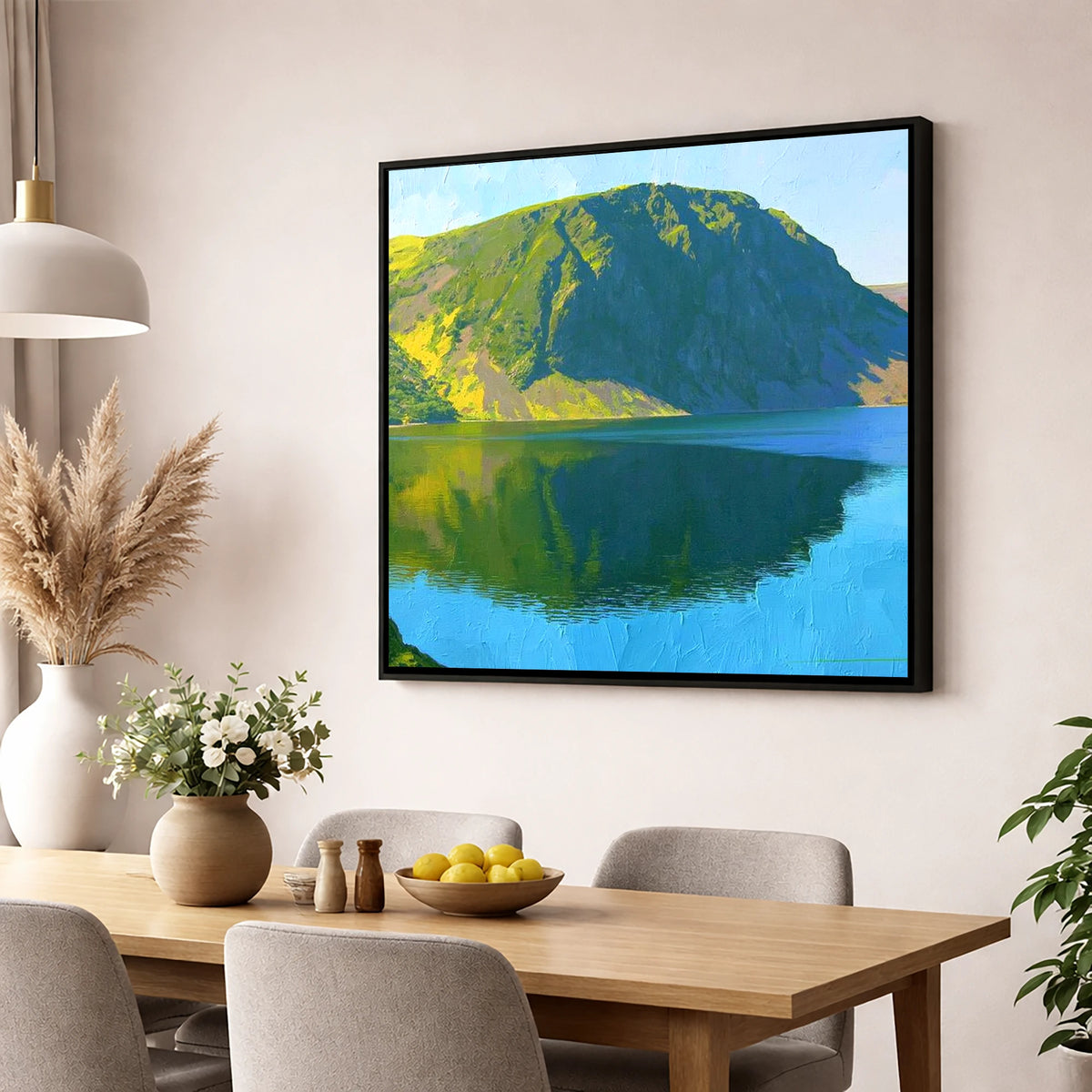 Vibrant Crag Fell Lake Reflection lake district fell wall art displayed in a dining room