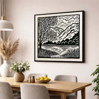 Monochrome Grasmere Water and Fells lake district lake wall art displayed in a dining room