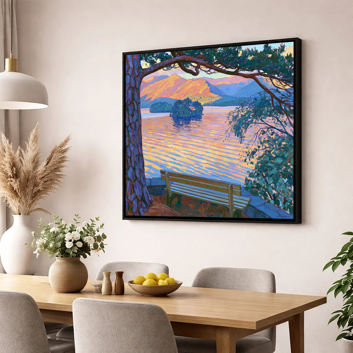 Vibrant Derwentwater From Friar's Crag lake district village wall art displayed in a dining room