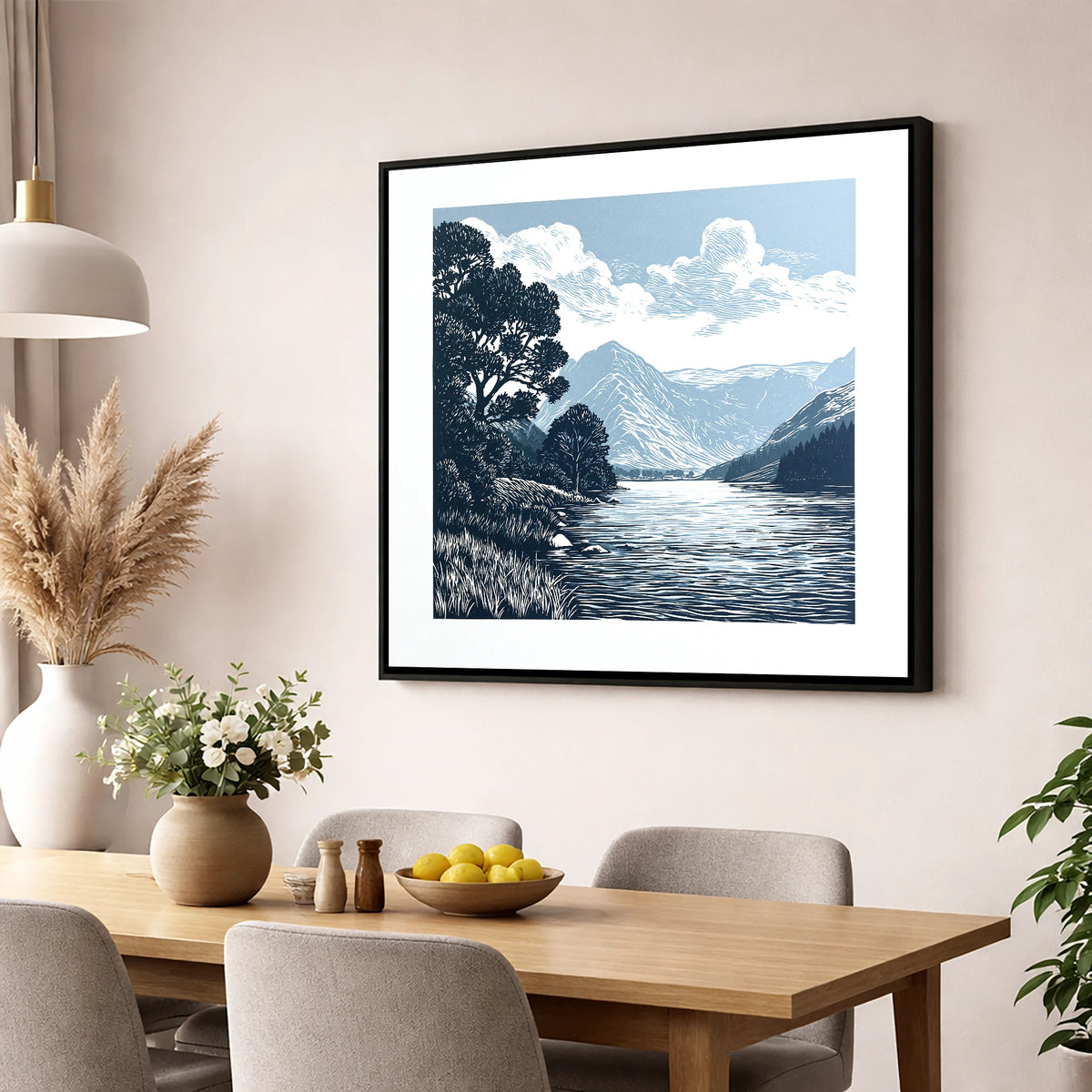 Buttermere in Slate and Navy lake district lake wall art displayed in a dining room