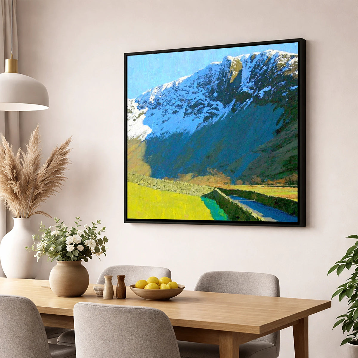 Vibrant Base Brown Snowy Ridge lake district fell wall art displayed in a dining room