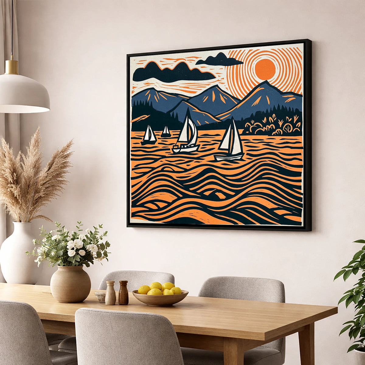 Derwentwater Sailboats Under Radiating Sun lake district lake wall art displayed in a dining room