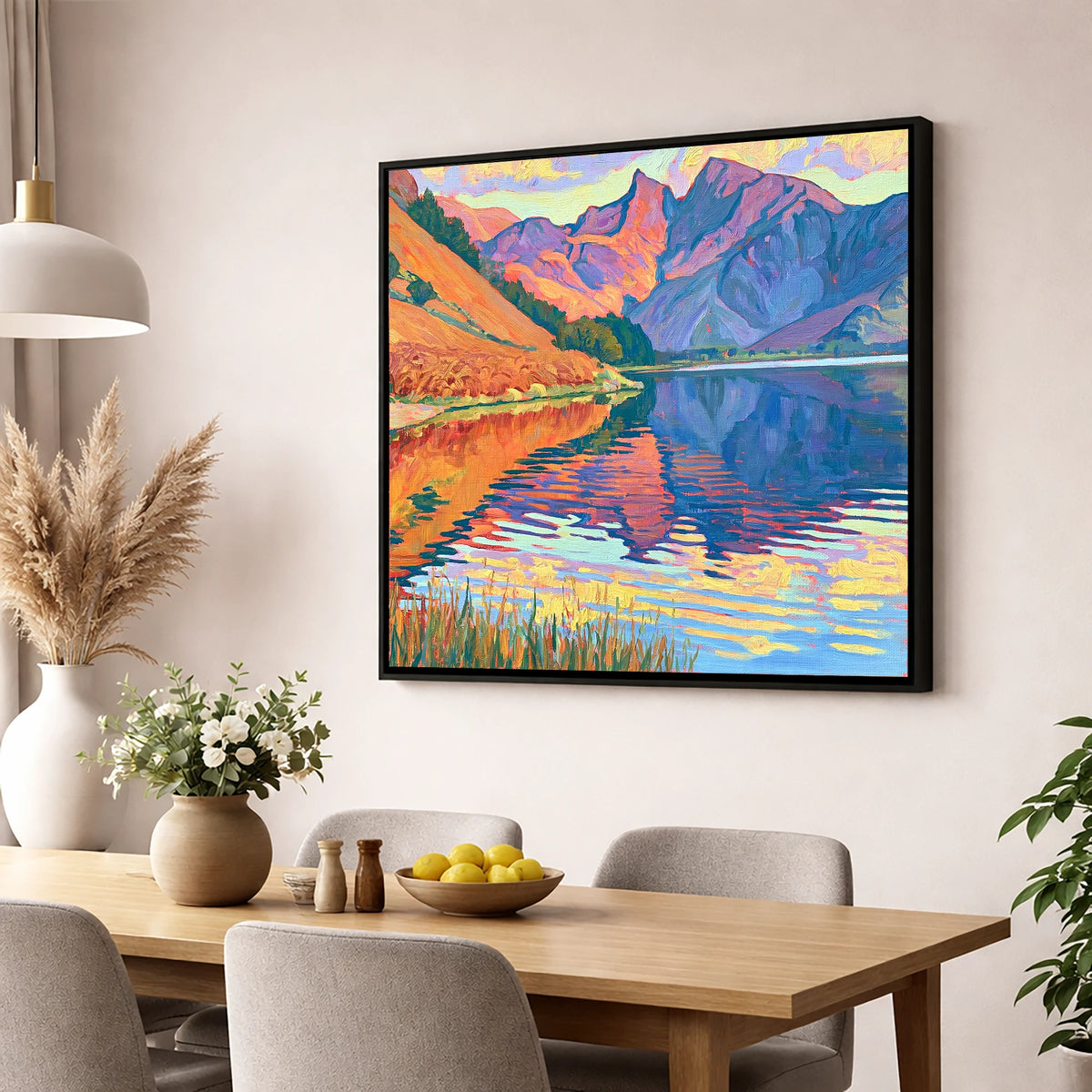 Vivid Fells of Loweswater lake district lake wall art displayed in a dining room