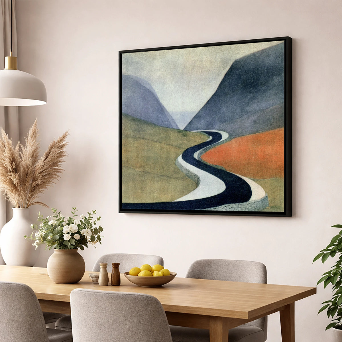 Sweeping Mountain Pass Road lake district valley wall art displayed in a dining room