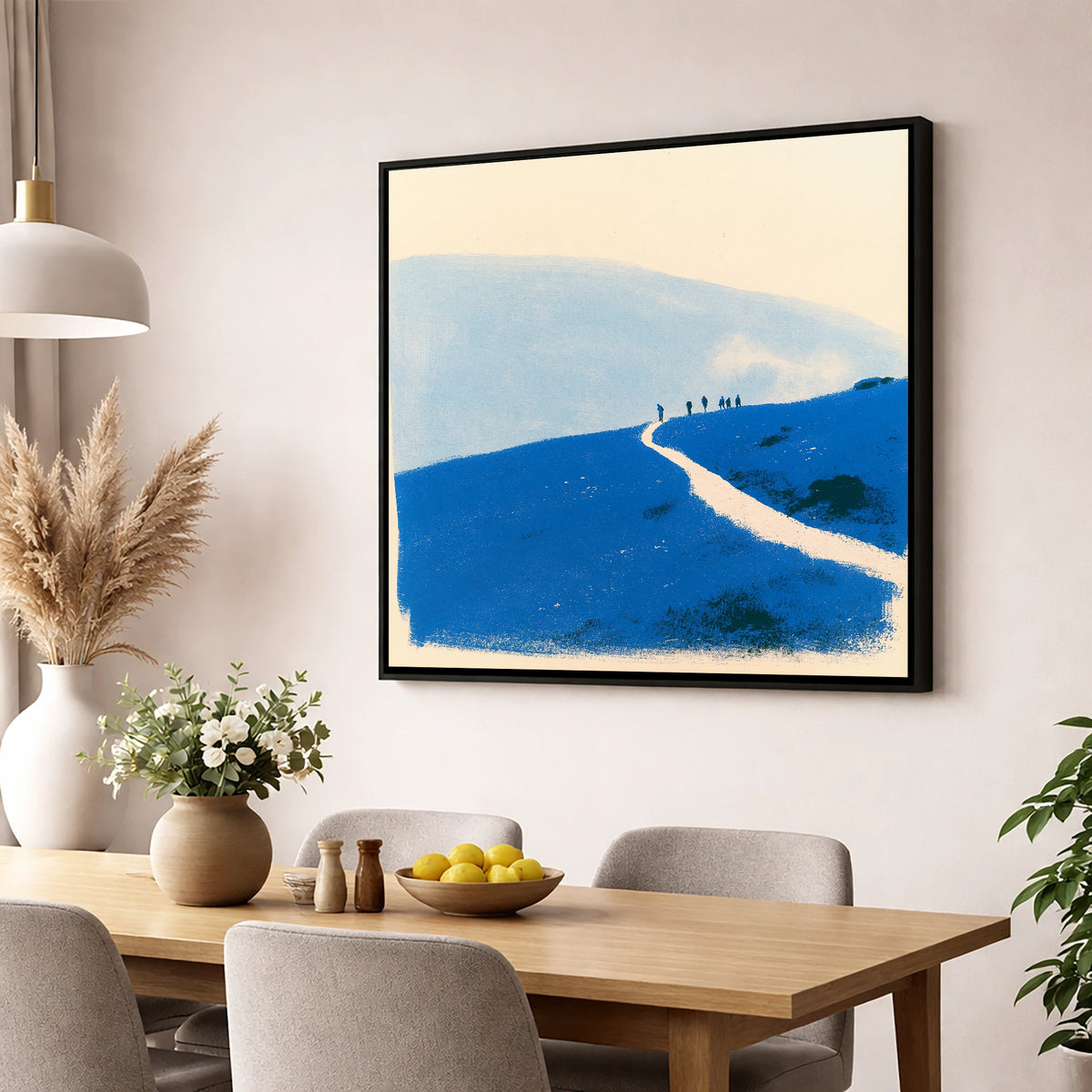 Walkers on a Blue Mountain Path lake district walking wall art displayed in a dining room